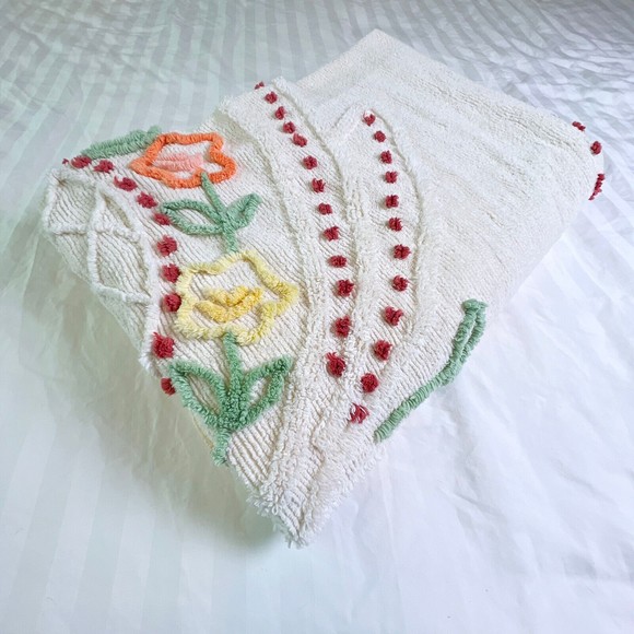 Vintage Chenille Bedspread Blanket Full Queen King Off White 92 x 100 Flowers - Picture 14 of 16